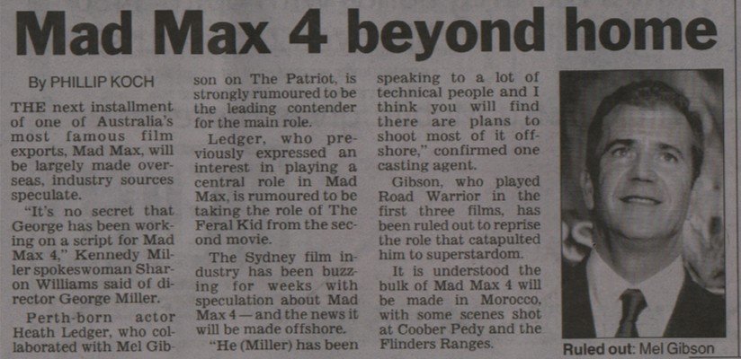 Mad Max 4, Beyond Home - Sydney Sunday Telegraph, March 10, 2002