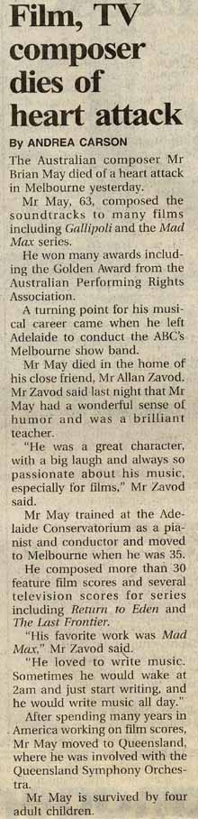 News article on the death of Brian May, The Age newspaper, 26 April 1997